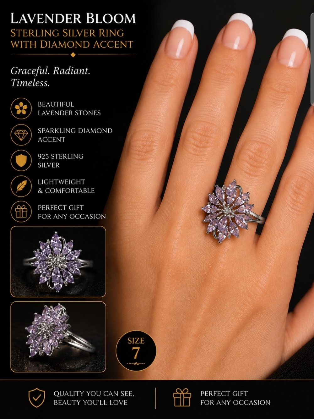 Lavender Bloom Sterling Silver Ring with Lavender Stones and Diamond Accent